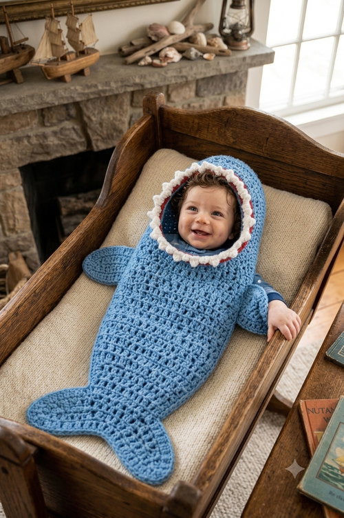 Baby Shark Snuggle Cocoon – Handmade Crochet Swaddle