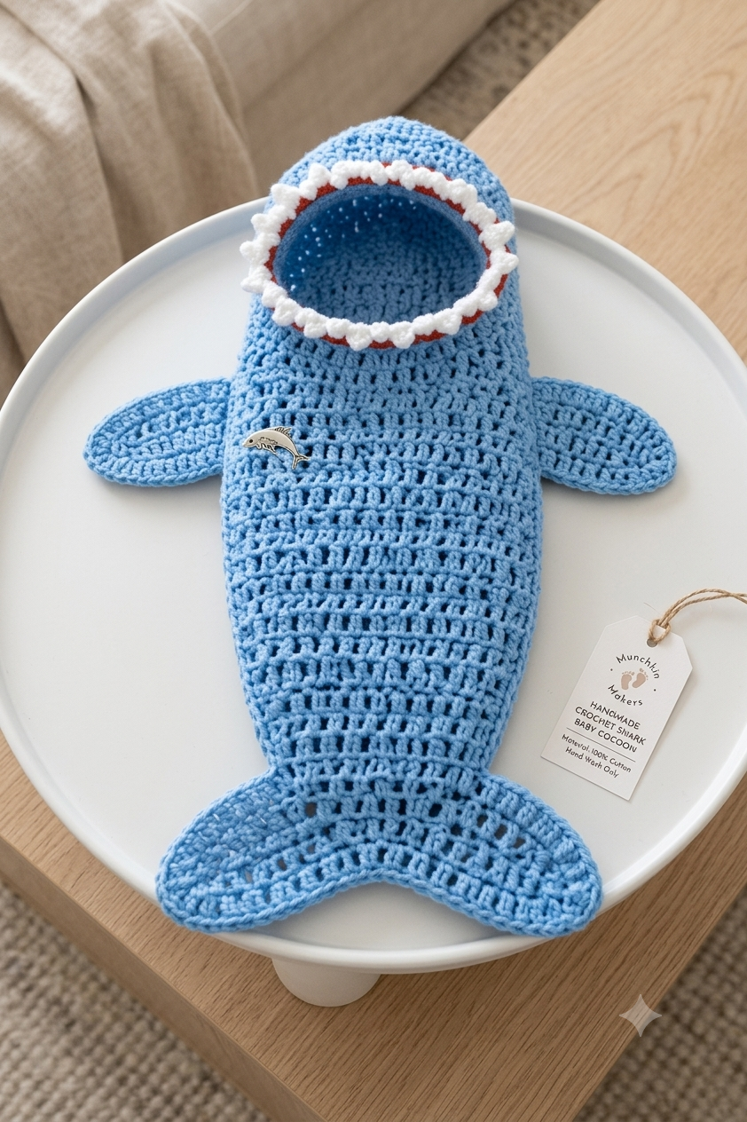 Baby Shark Snuggle Cocoon – Handmade Crochet Swaddle