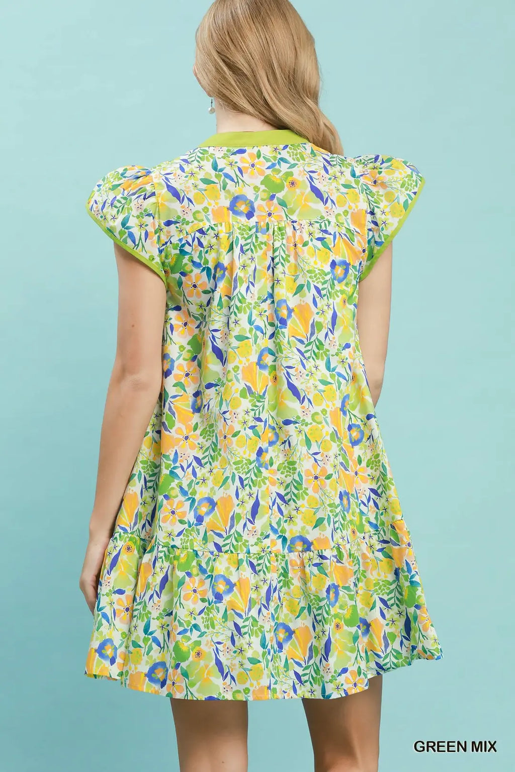 Umgee Floral Flutter-Sleeve Tiered Mini Dress – Green Mix