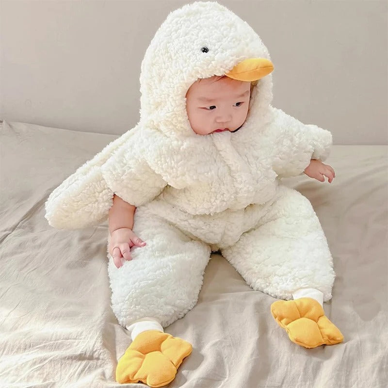 Cute Cartoon Baby Winter Romper, Warm Fleece Hooded Jumpsuit, Plush Newborn Onesie 0-7 Months