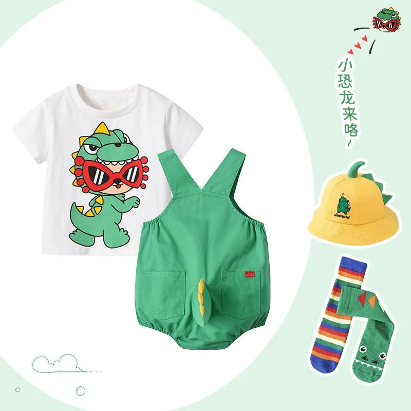 Summer New 0-3 Year Baby Clothes Infant Toddler Baby Overall Pants T-shirt Cartoon Dinosaur Korean Short Fashion Set Stereotail