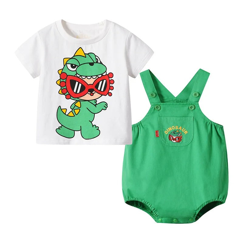 Summer New 0-3 Year Baby Clothes Infant Toddler Baby Overall Pants T-shirt Cartoon Dinosaur Korean Short Fashion Set Stereotail