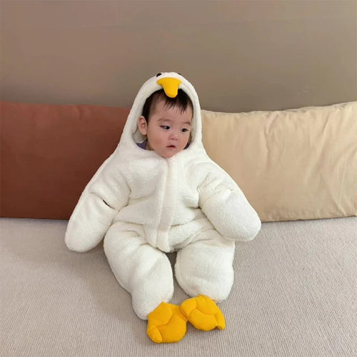Cute Cartoon Baby Winter Romper, Warm Fleece Hooded Jumpsuit, Plush Newborn Onesie 0-7 Months