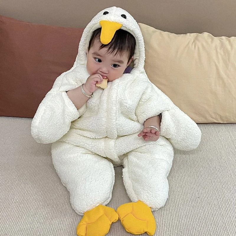 Cute Cartoon Baby Winter Romper, Warm Fleece Hooded Jumpsuit, Plush Newborn Onesie 0-7 Months