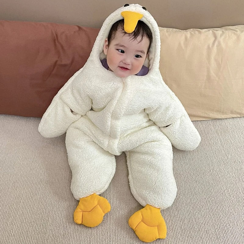 Cute Cartoon Baby Winter Romper, Warm Fleece Hooded Jumpsuit, Plush Newborn Onesie 0-7 Months